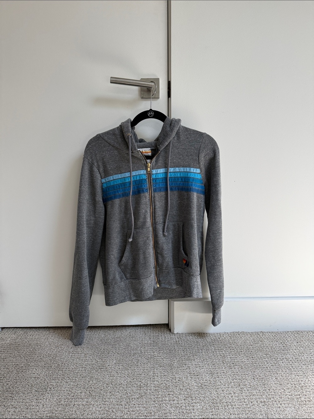 Gray Zip-Up Hoodie with Blue Stripe Detail